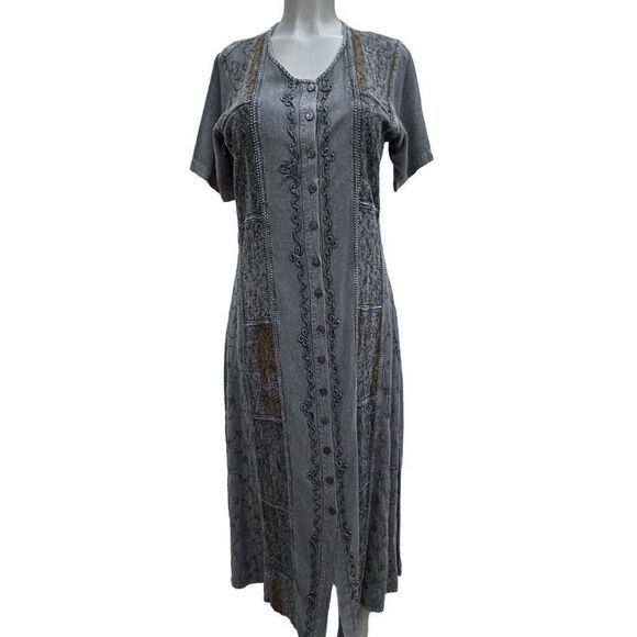 Lola P Boho Midi Dress Women's Small Gray Button Front Embroidered Bric a Brac - Picture 6 of 10